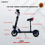 CRONY V10 Fast Speed E-scooter1200w 10inch 48V Battery Top Speed Range 20-40Km Triple LED Headlamps Base  LED Lights 10 Inch Tyres