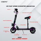 CRONY V10 Fast Speed E-scooter1200w 10inch max speed Fast Speed E-bike electric scooter