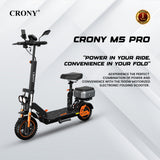 CRONY M5 Pro High-Speed Electric Scooter 10-Inch Wide Tires Mobile Phone Holder Bluetooth Speaker, Rear Luggage Box Rearview Mirrors Dual LED Headlamps IPX4 Waterproof App Connectivity