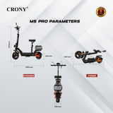 CRONY M5 Pro High-Speed Electric Scooter 10-Inch Wide Tires Mobile Phone Holder Bluetooth Speaker, Rear Luggage Box Rearview Mirrors Dual LED Headlamps IPX4 Waterproof App Connectivity